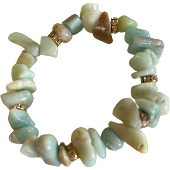 Gemstone Beaded Bracelet Set Stretchable Kiwi Beads/Amazonite Chips/Rhinestones - Picture 3 of 7